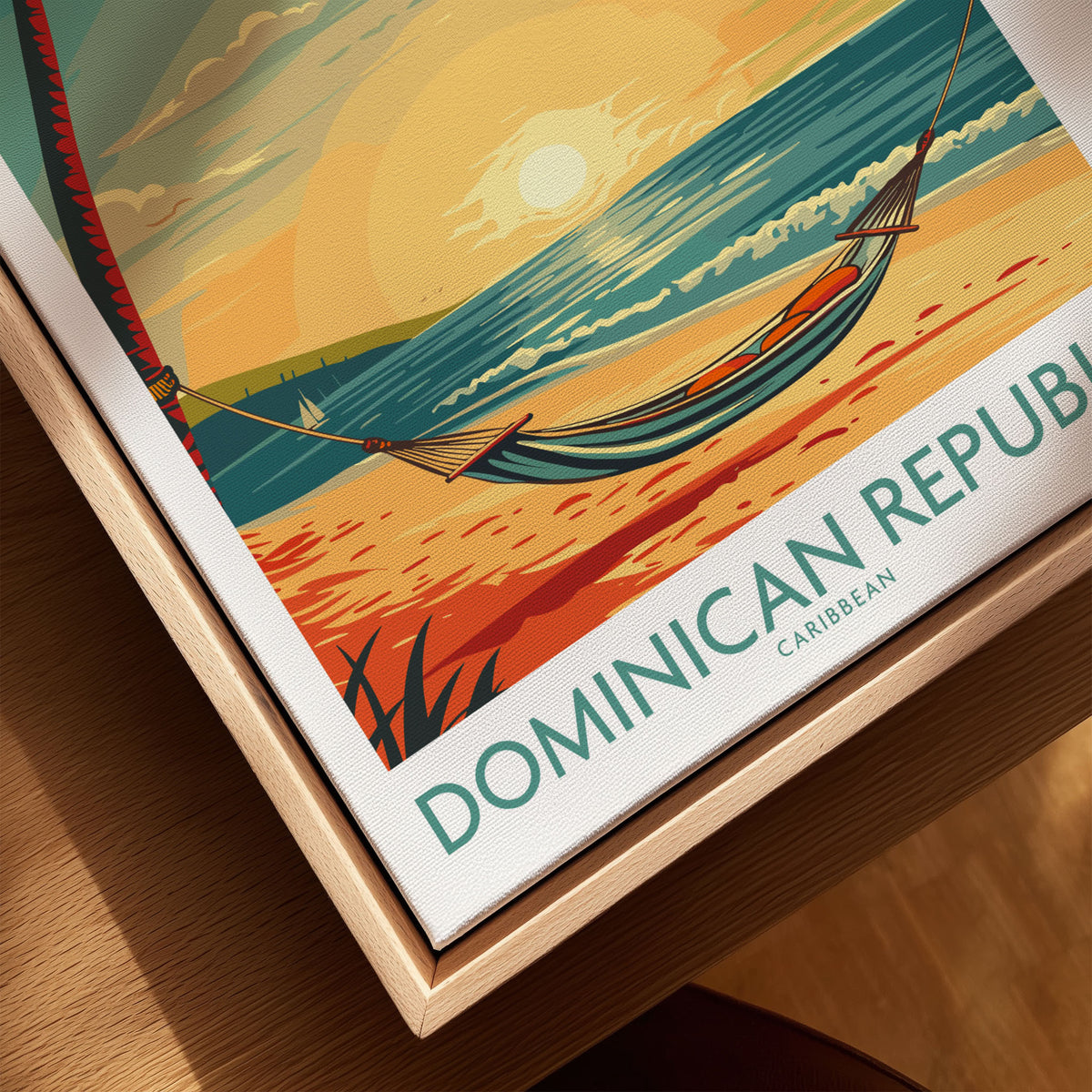 Dominican Republic Wall Art canvas print close-up showing the natural wood float frame edge and canvas texture