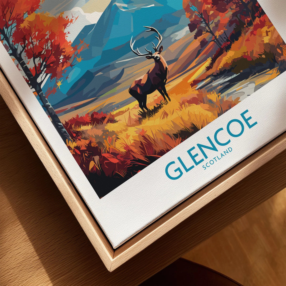 Glencoe Art Print Modern canvas print close-up showing the natural wood float frame edge and canvas texture