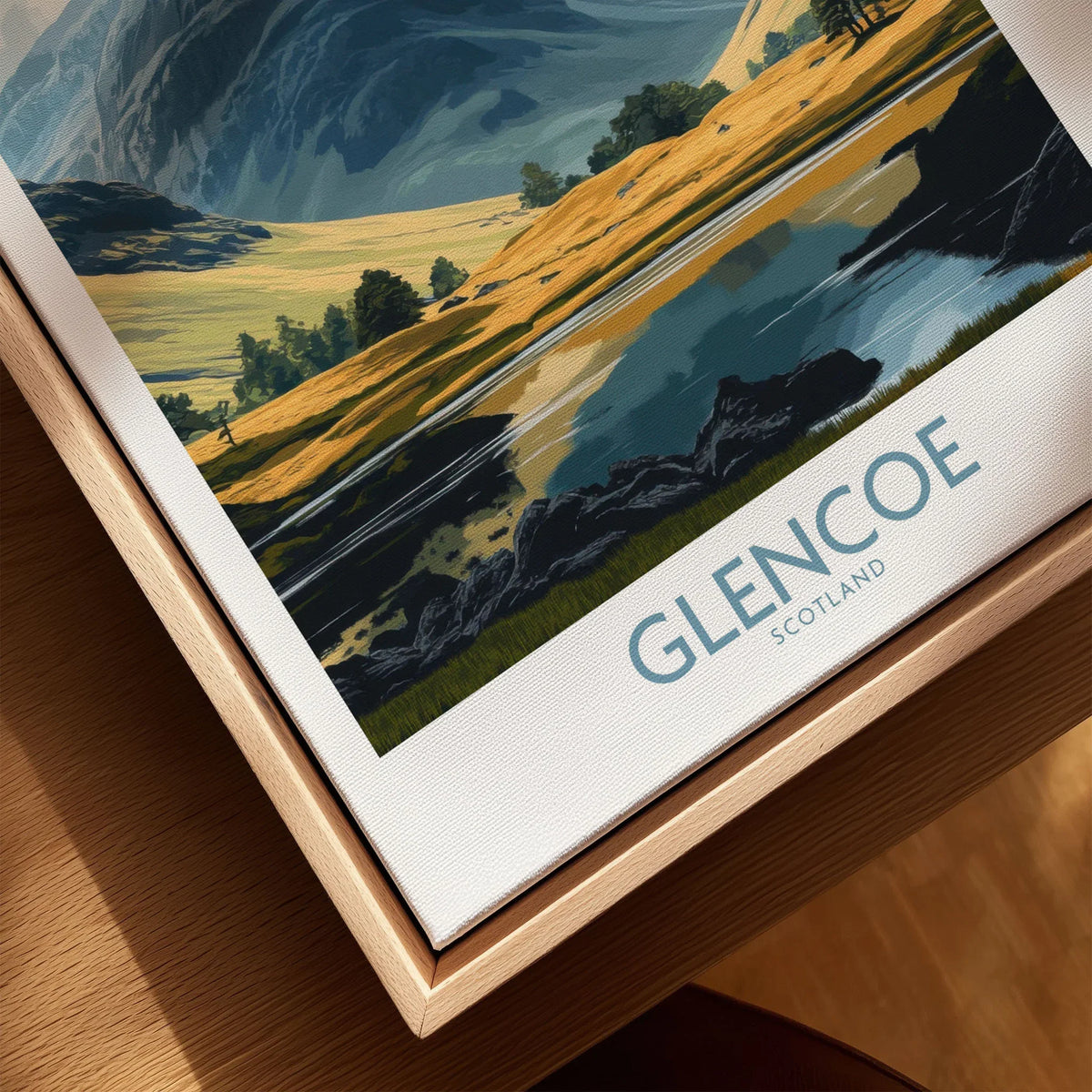 Glencoe Travel Poster canvas print close-up showing the natural wood float frame edge and canvas texture