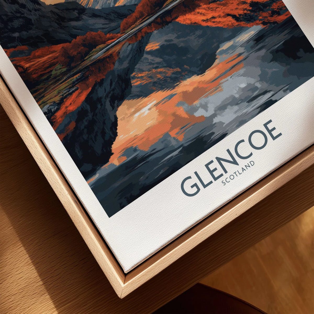 Glencoe Wall Art Poster canvas print close-up showing the natural wood float frame edge and canvas texture