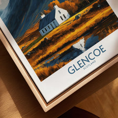 Glencoe Scotland Print canvas print close-up showing the natural wood float frame edge and canvas texture