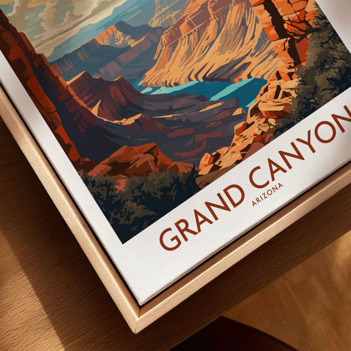 Grand Canyon Wall Art | Modern Style canvas print close-up showing the natural wood float frame edge and canvas texture