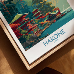 Hakone Japan Lake Ashi Temple Print - Japanese Pagoda Wall Art - Modern canvas print close-up showing the natural wood float frame edge and canvas texture