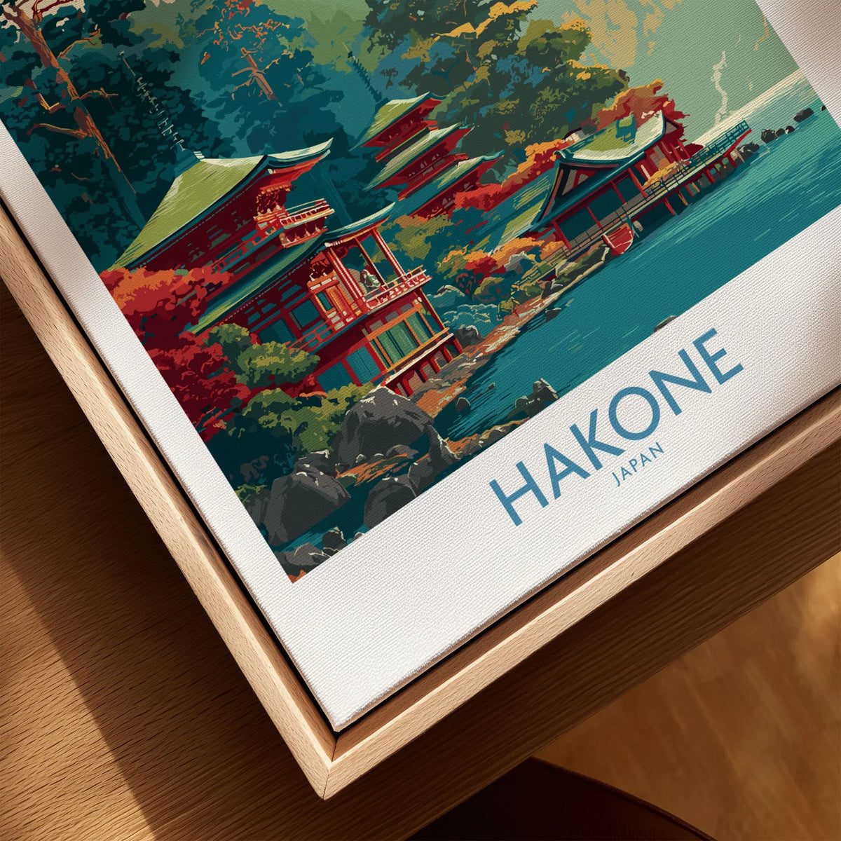Hakone Japan Lake Ashi Temple Print - Japanese Pagoda Wall Art - Modern canvas print close-up showing the natural wood float frame edge and canvas texture