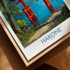 Hakone Japan Iconic Torii Print - Japanese Scenic Landscape Decor canvas print close-up showing the natural wood float frame edge and canvas texture