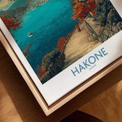 Hakone Japan Lakeside Temple Wall Art - Japanese Nature Travel Decor canvas print close-up showing the natural wood float frame edge and canvas texture