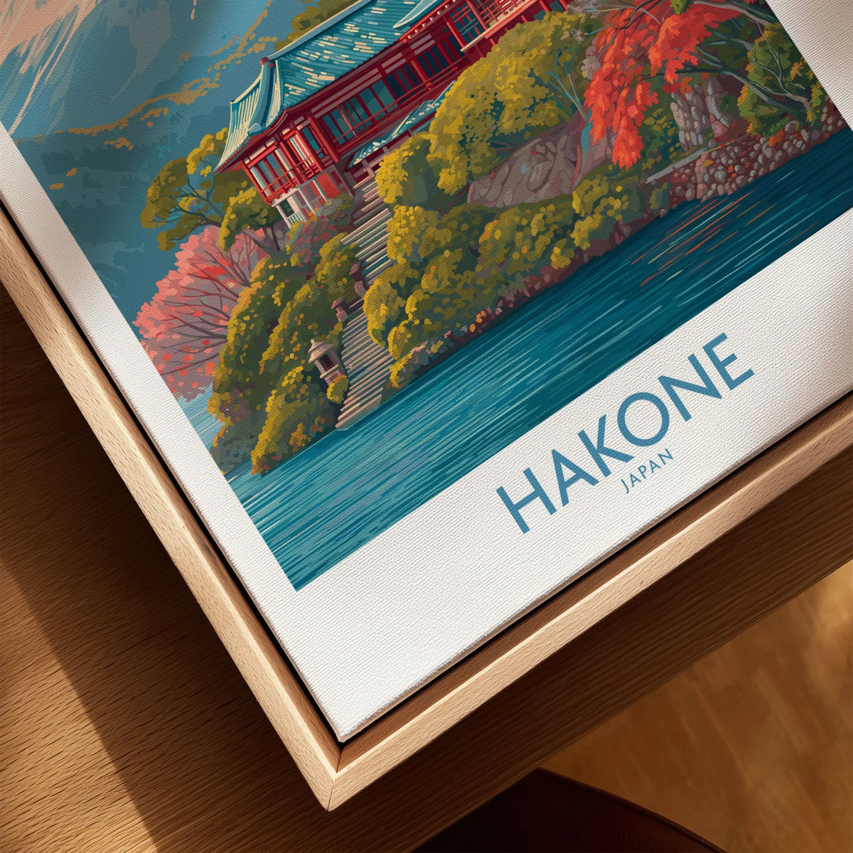 Hakone Japan Wall Art - Japan Travel Print canvas print close-up showing the natural wood float frame edge and canvas texture