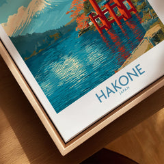 Hakone Wall Art Japan Red Torii Gate Poster canvas print close-up showing the natural wood float frame edge and canvas texture