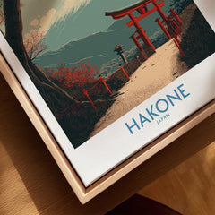 Hakone Japan Peace Gate Shrine Wall Art - Autumn Cherry Blossom Decor canvas print close-up showing the natural wood float frame edge and canvas texture