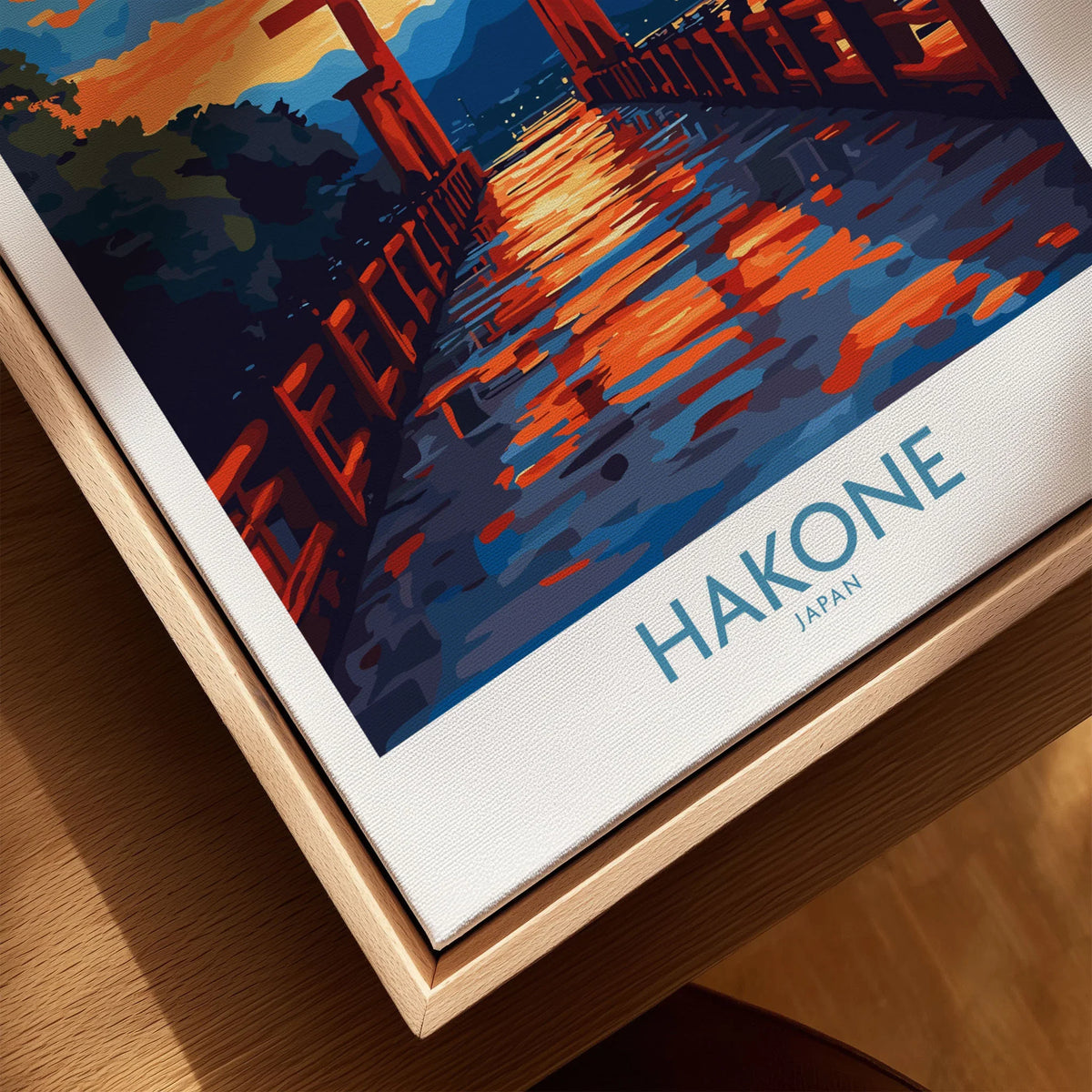 Hakone Wall Art - Japan Travel Poster canvas print close-up showing the natural wood float frame edge and canvas texture