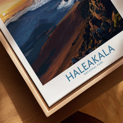 Haleakalā Craters Poster, Hawaiian Sunrise Print, Mountain Wall Decor canvas print close-up showing the natural wood float frame edge and canvas texture