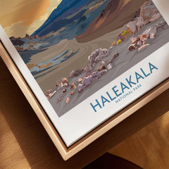 Haleakalā National Park Print, Hawaiian Volcano Poster, Sunset Wall Decor canvas print close-up showing the natural wood float frame edge and canvas texture