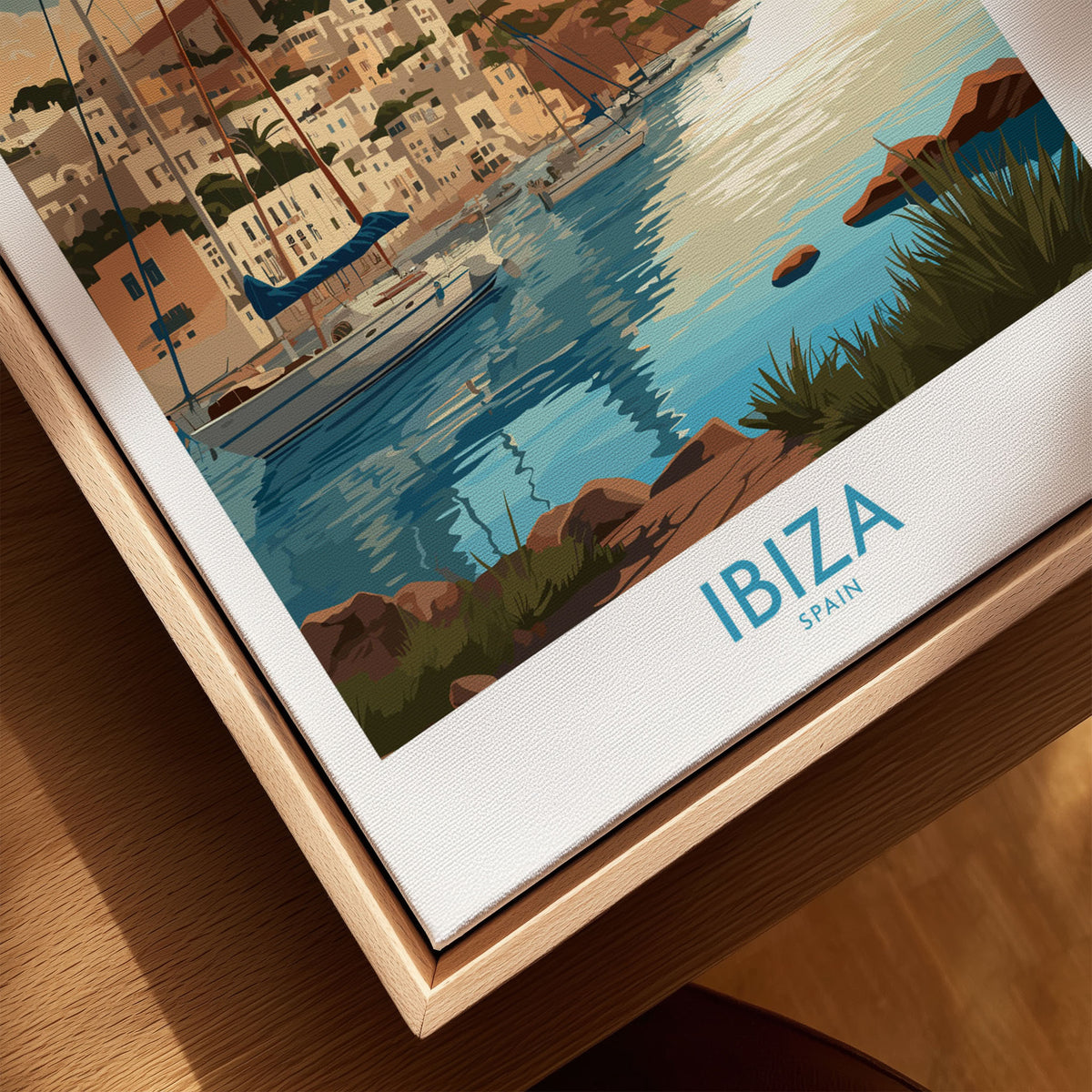 Ibiza Poster Print Modern canvas print close-up showing the natural wood float frame edge and canvas texture