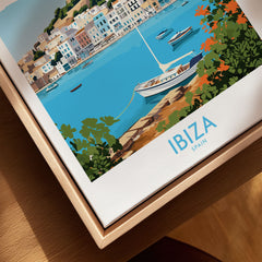 Ibiza Poster canvas print close-up showing the natural wood float frame edge and canvas texture