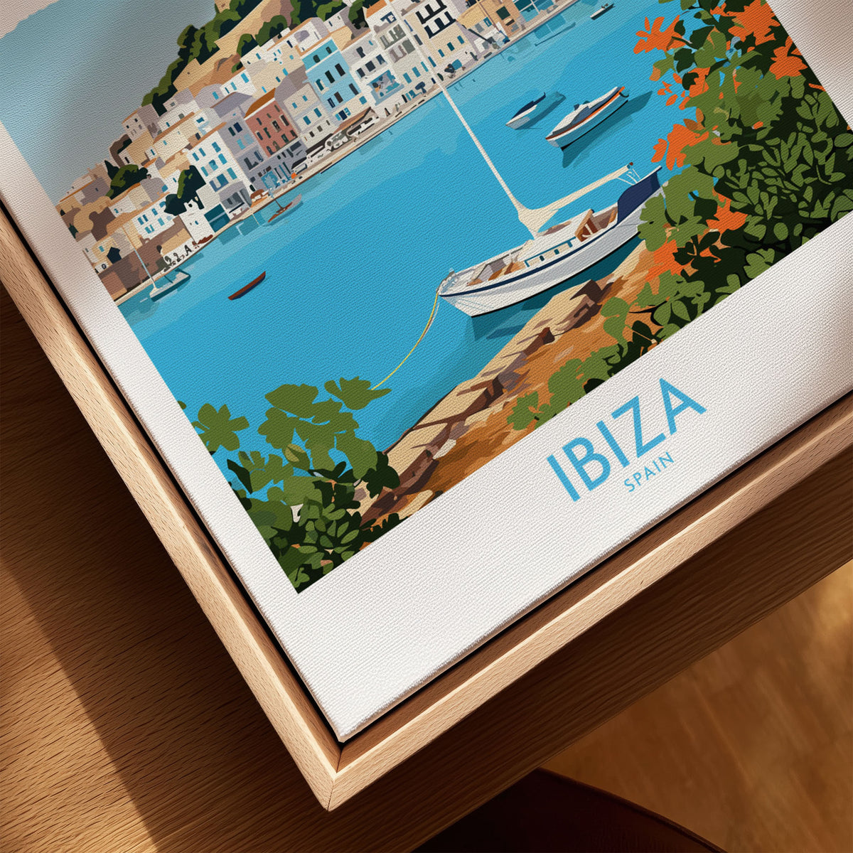 Ibiza Poster canvas print close-up showing the natural wood float frame edge and canvas texture