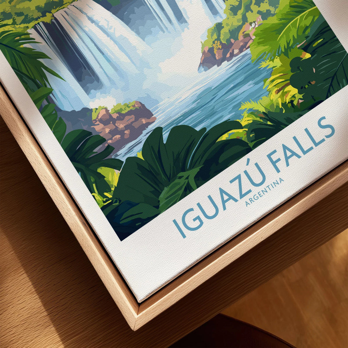 Iguazu Falls Travel Poster canvas print close-up showing the natural wood float frame edge and canvas texture