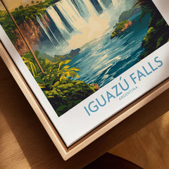 Iguazu Falls Wall Art Print canvas print close-up showing the natural wood float frame edge and canvas texture