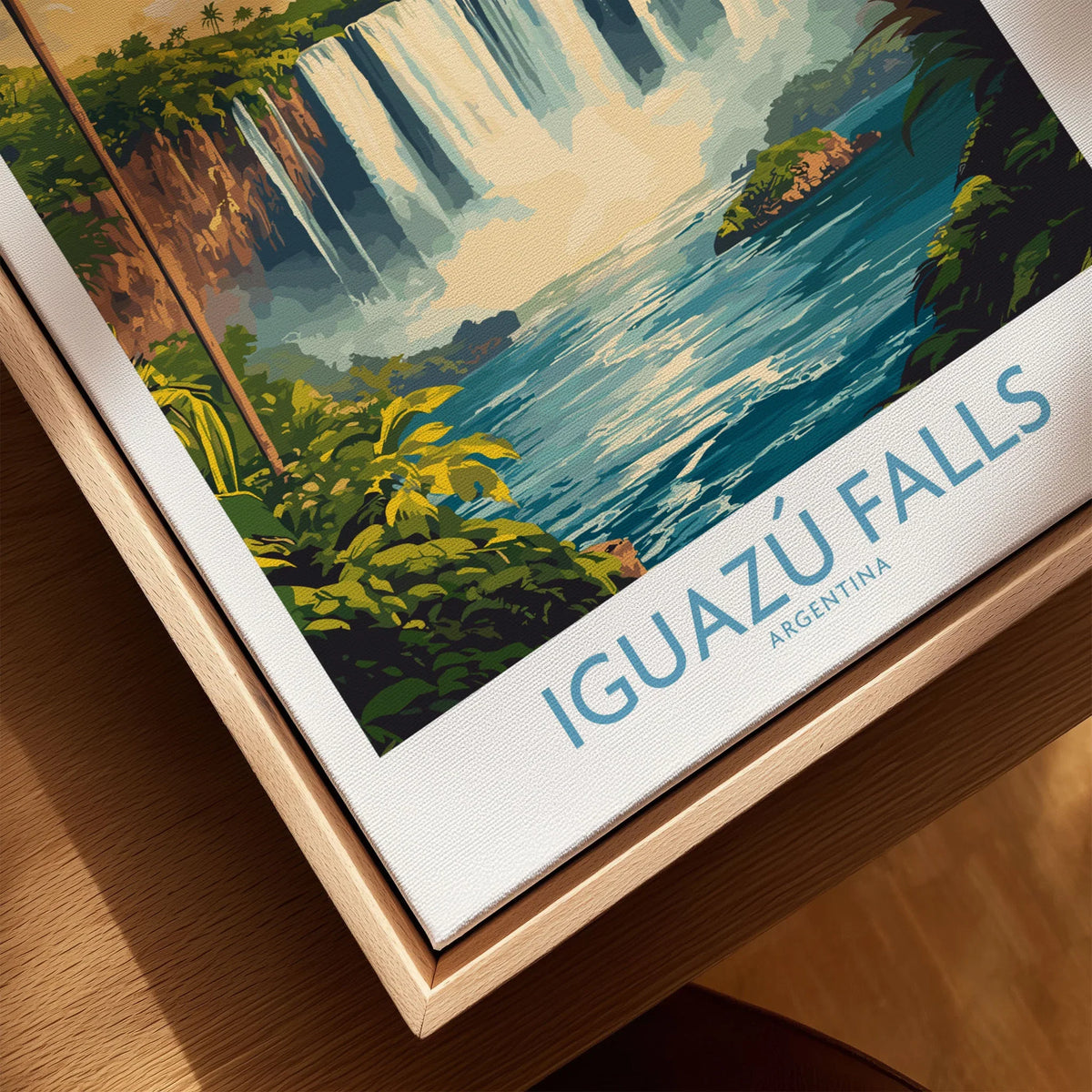 Iguazu Falls Wall Art Print canvas print close-up showing the natural wood float frame edge and canvas texture