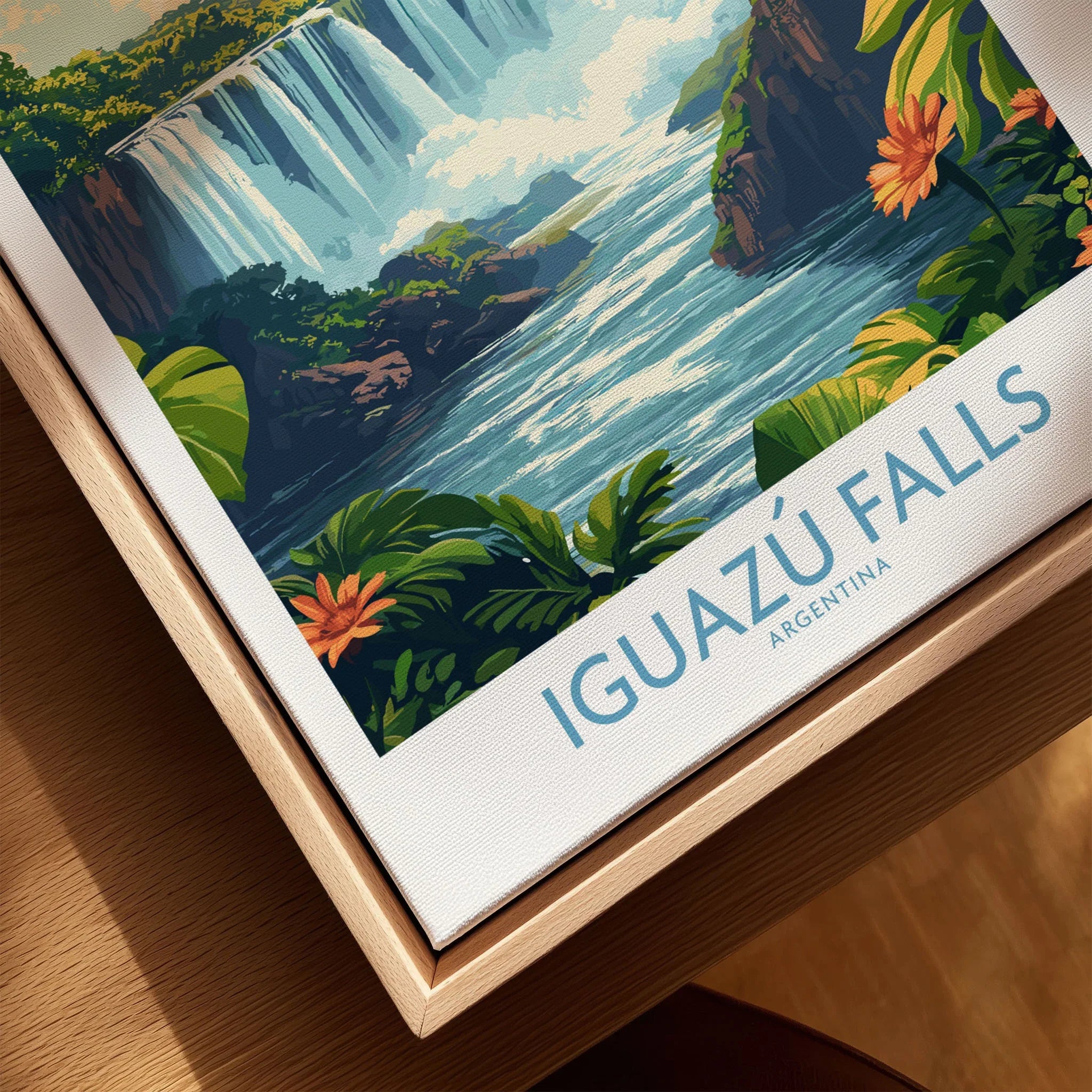 Iguazu Falls Poster Argentina canvas print close-up showing the natural wood float frame edge and canvas texture