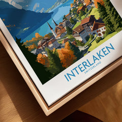 Interlaken Print canvas print close-up showing the natural wood float frame edge and canvas texture