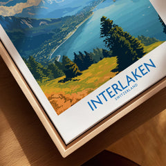 Interlaken Wall Art Print canvas print close-up showing the natural wood float frame edge and canvas texture