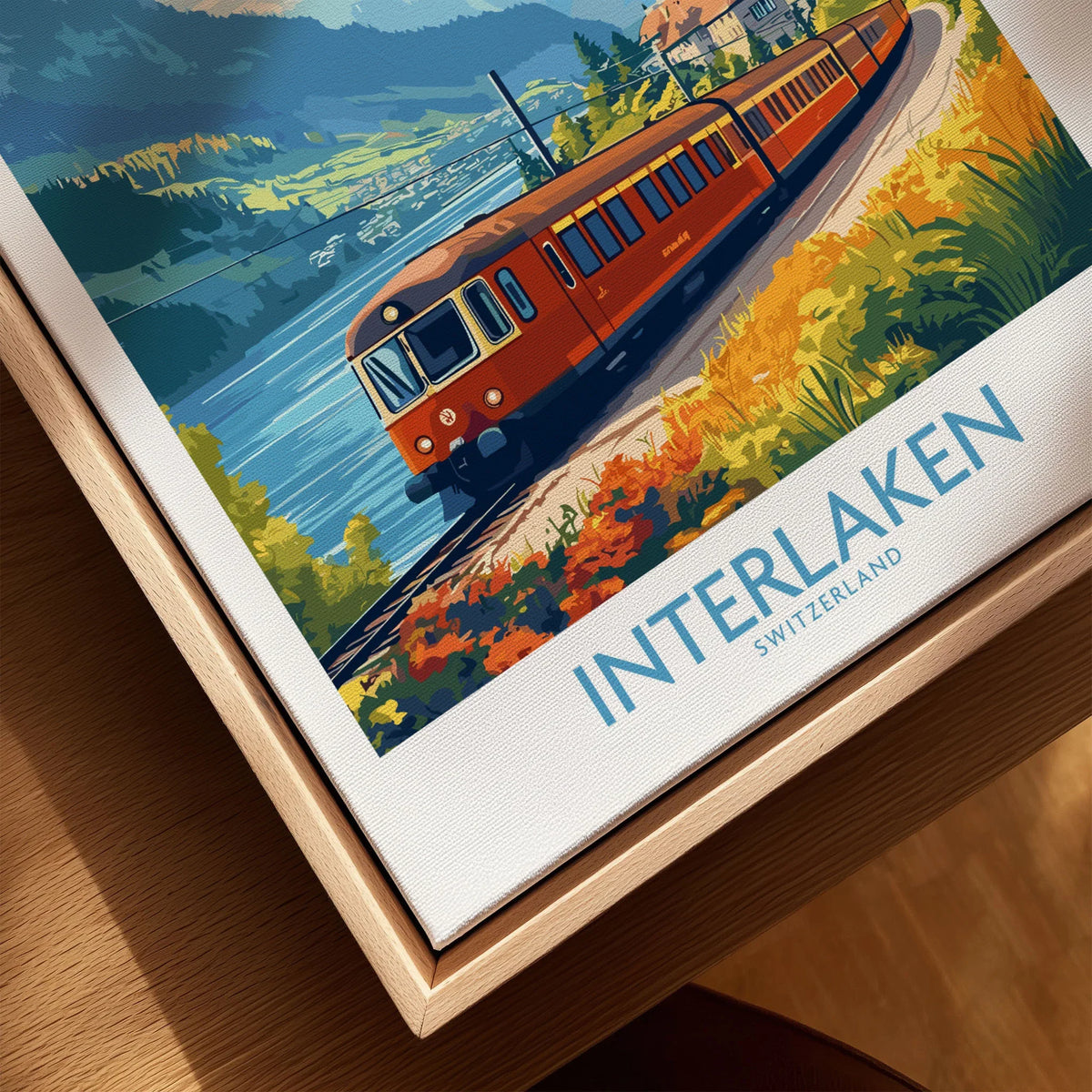 Interlaken Travel Poster canvas print close-up showing the natural wood float frame edge and canvas texture