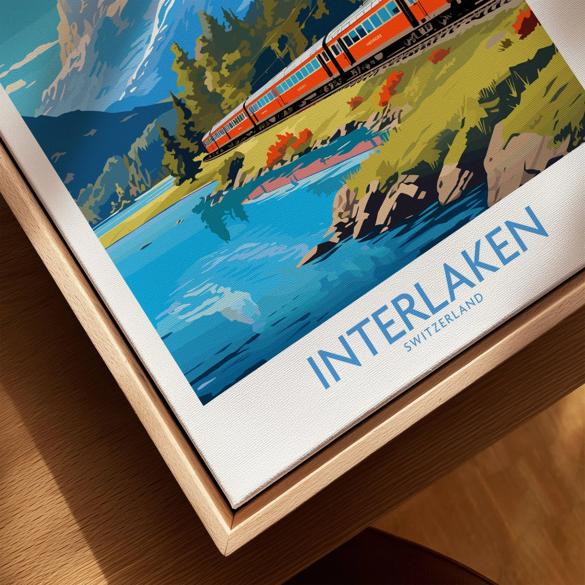 Interlaken Poster Switzerland canvas print close-up showing the natural wood float frame edge and canvas texture