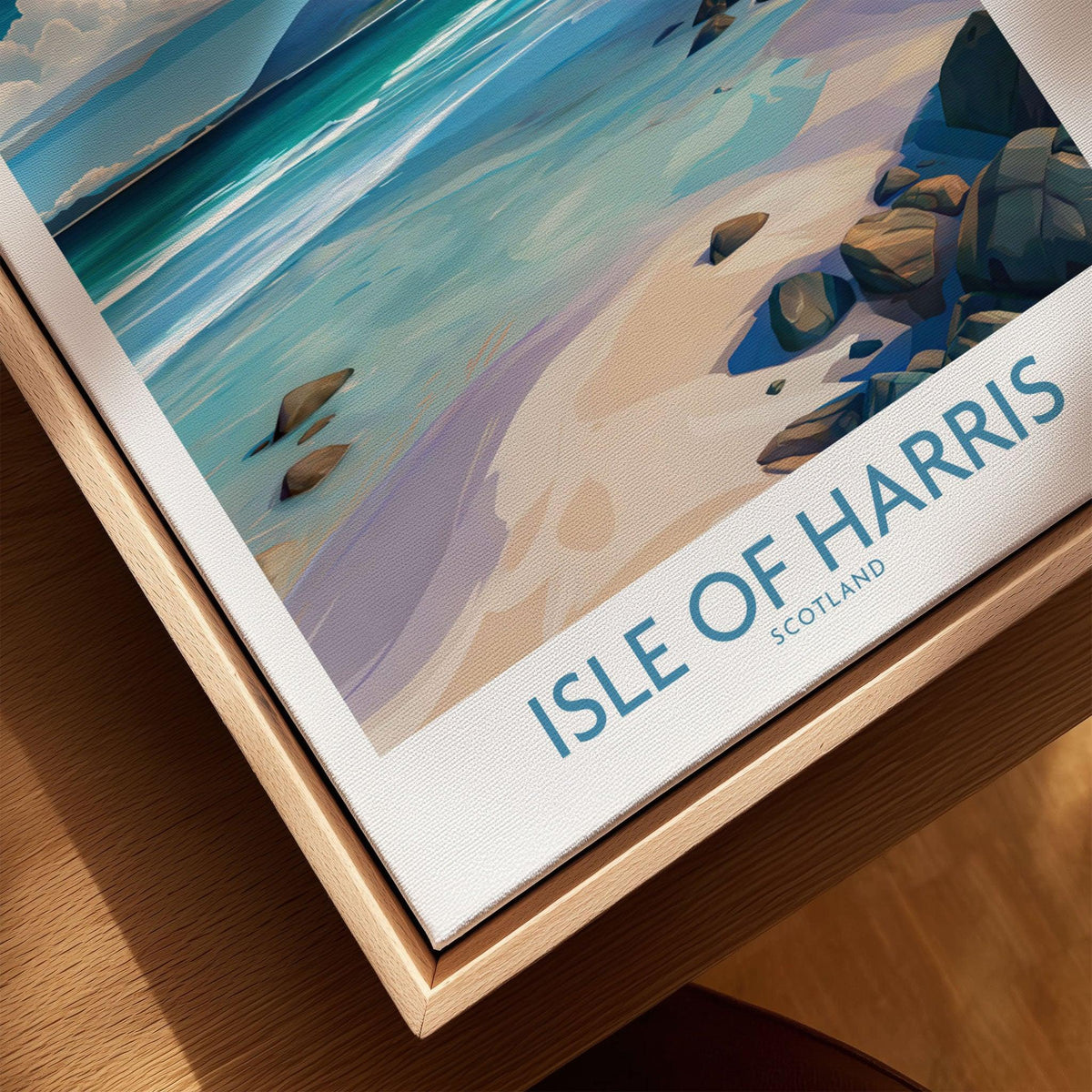Isle of Harris Poster Scotland Clear Waters - Hebridean Seascape Decor canvas print close-up showing the natural wood float frame edge and canvas texture