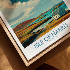 Isle of Harris Poster Scotland Dramatic Sky Seascape - Scottish Island Travel Decor canvas print close-up showing the natural wood float frame edge and canvas texture