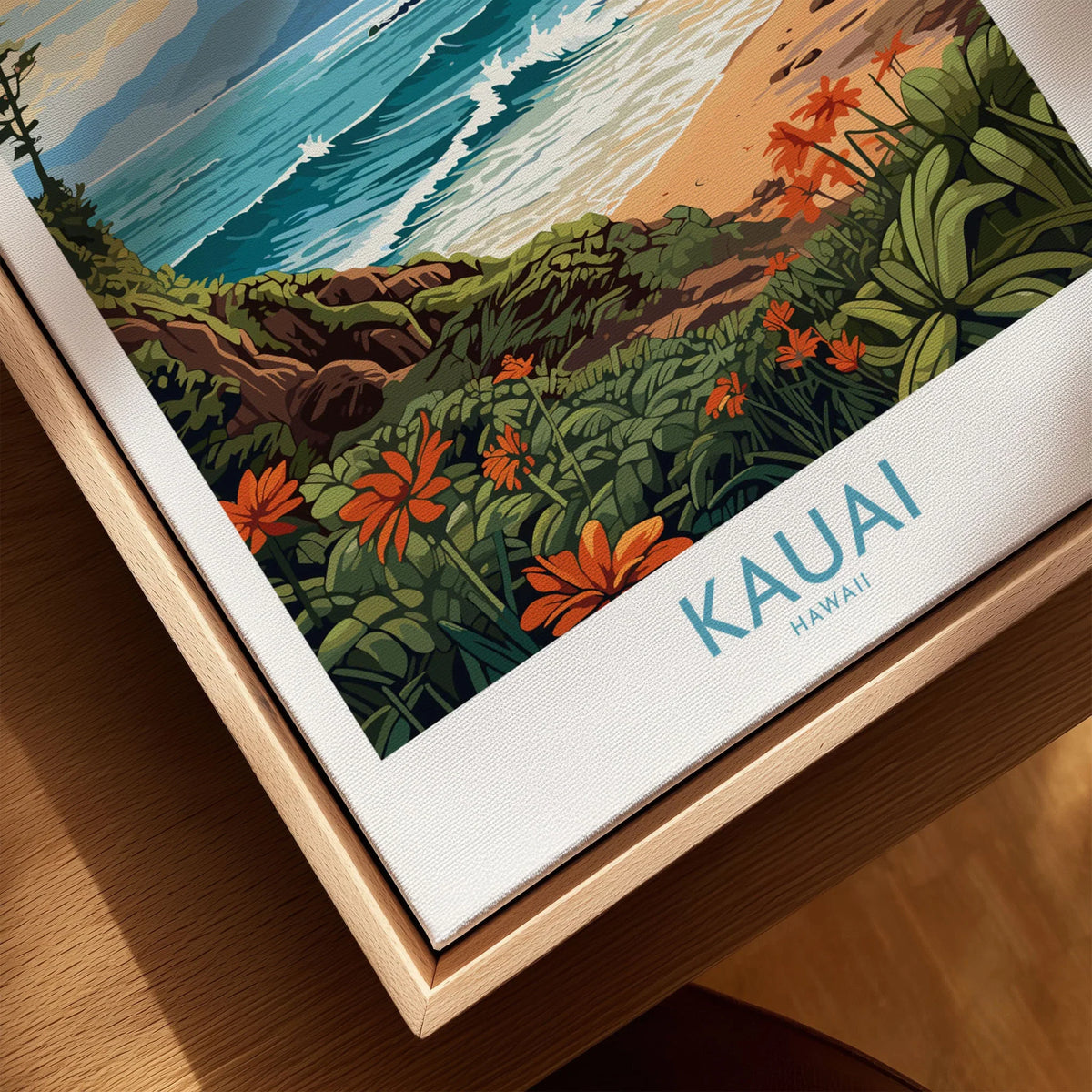 Kauai Travel Poster canvas print close-up showing the natural wood float frame edge and canvas texture