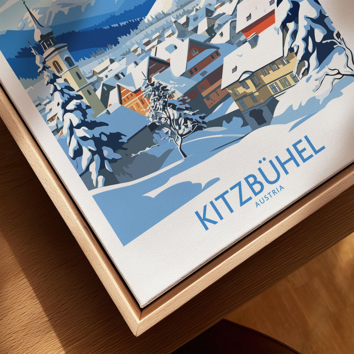 Kitzbuhel Austria Art Print canvas print close-up showing the natural wood float frame edge and canvas texture