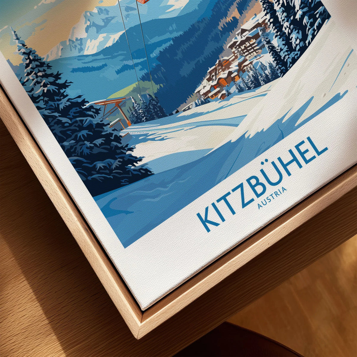 Kitzbuhel Wall Art Print canvas print close-up showing the natural wood float frame edge and canvas texture
