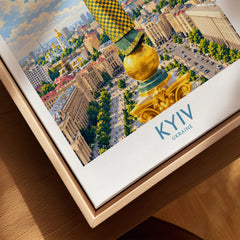 Kyiv Ukraine Maidan Square Wall Art — the Independence Monument rising above Maidan Nezalezhnosti and the Kyiv skyline, shown as closeup framed canvas natural wood floating frame
