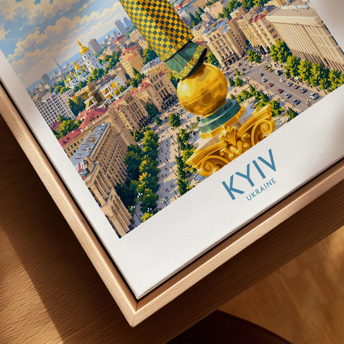 Kyiv Ukraine Maidan Square Wall Art — the Independence Monument rising above Maidan Nezalezhnosti and the Kyiv skyline, shown as closeup framed canvas natural wood floating frame