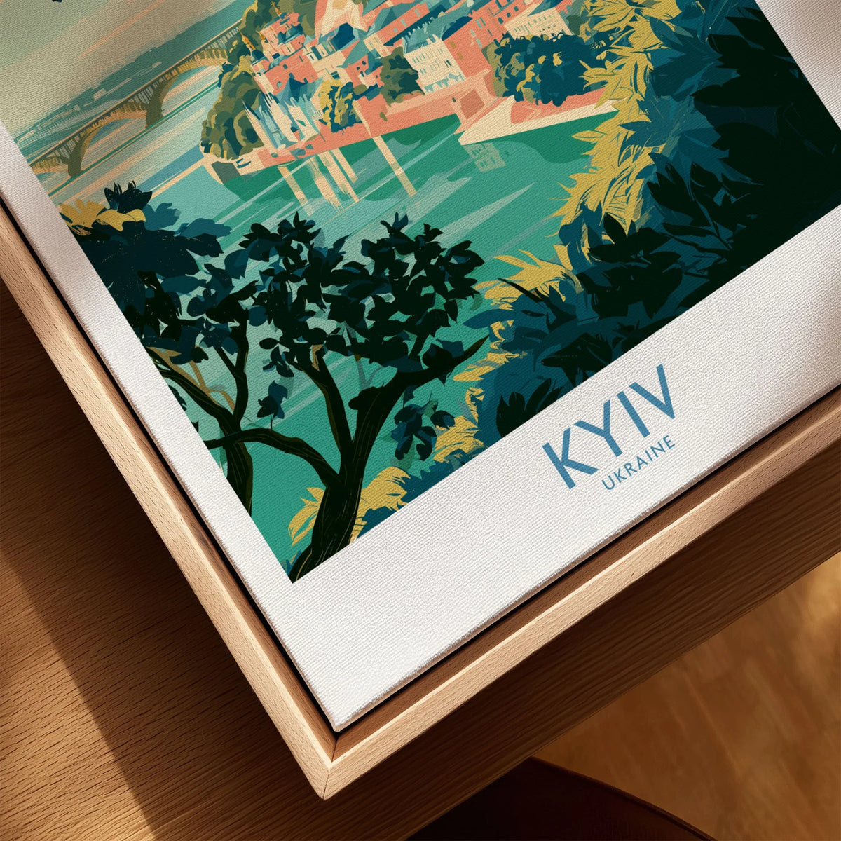 Kyiv Ukraine Dnipro River Wall Art — golden domes on a wooded bluff above the Dnipro river, shown as closeup framed canvas natural wood floating frame