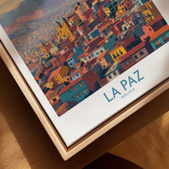 La Paz Bolivia Urban Landscape Wall Art - South American City Print canvas print close-up showing the natural wood float frame edge and canvas texture