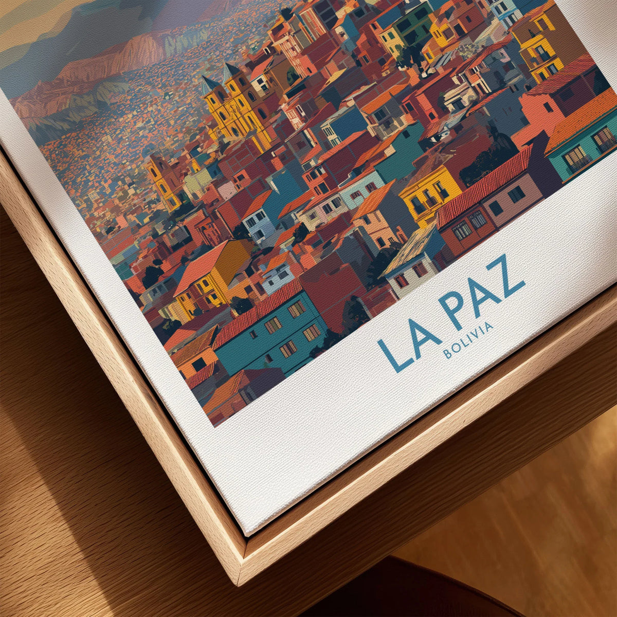 La Paz Bolivia Urban Landscape Wall Art - South American City Print canvas print close-up showing the natural wood float frame edge and canvas texture