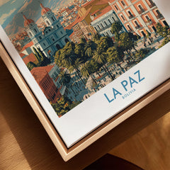 La Paz Bolivia Wall Art Poster - Bolivian Capital Travel Decor canvas print close-up showing the natural wood float frame edge and canvas texture