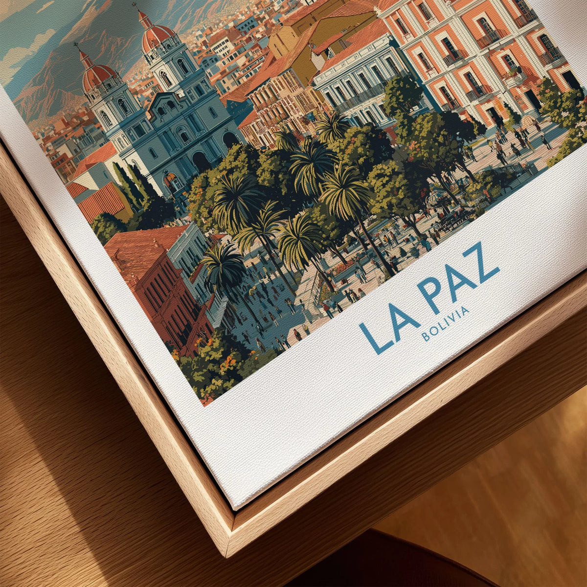 La Paz Bolivia Wall Art Poster - Bolivian Capital Travel Decor canvas print close-up showing the natural wood float frame edge and canvas texture