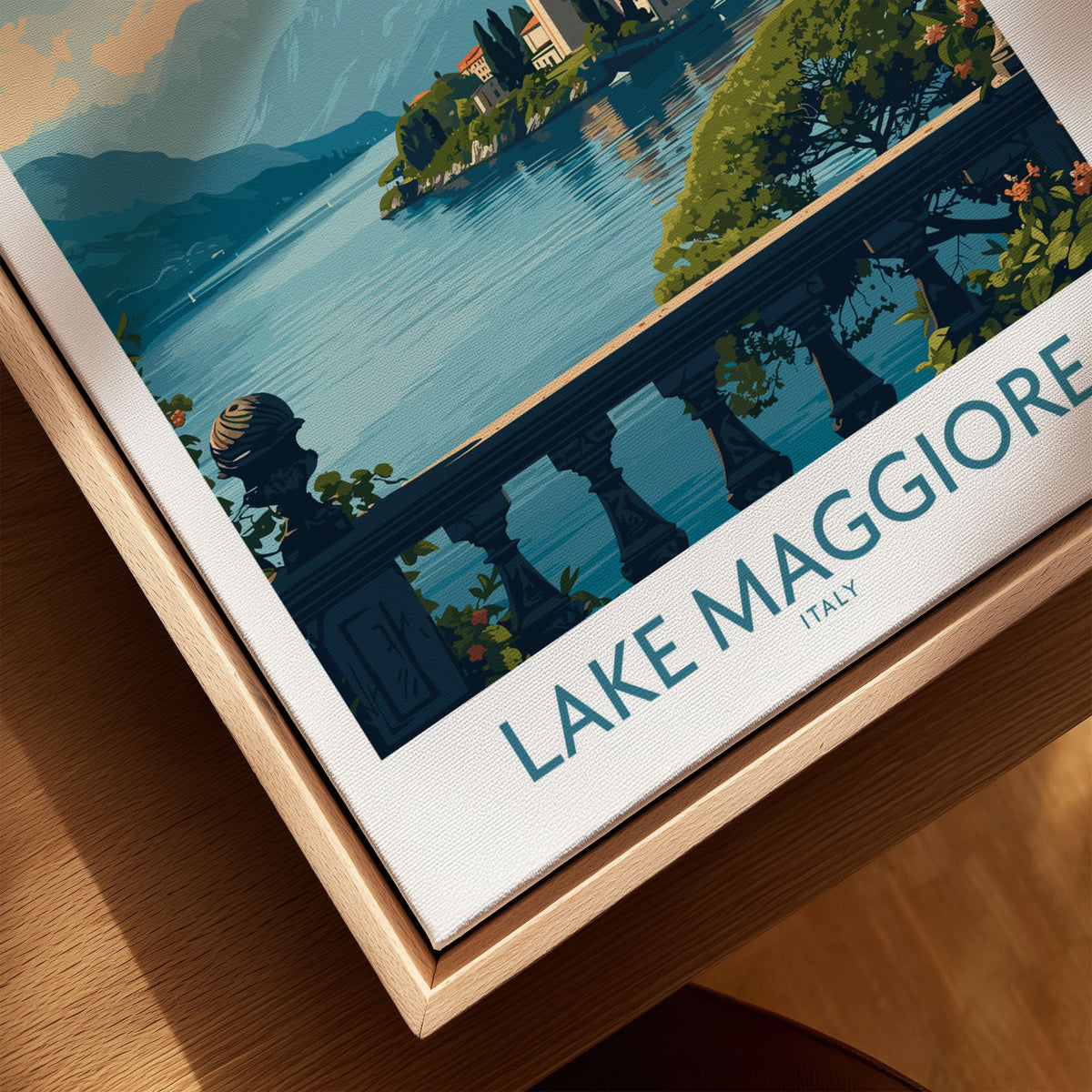 Lake Maggiore Poster Italy canvas print close-up showing the natural wood float frame edge and canvas texture
