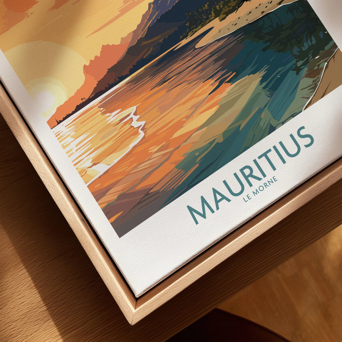 Le Morne Mauritius Wall Art canvas print close-up showing the natural wood float frame edge and canvas texture