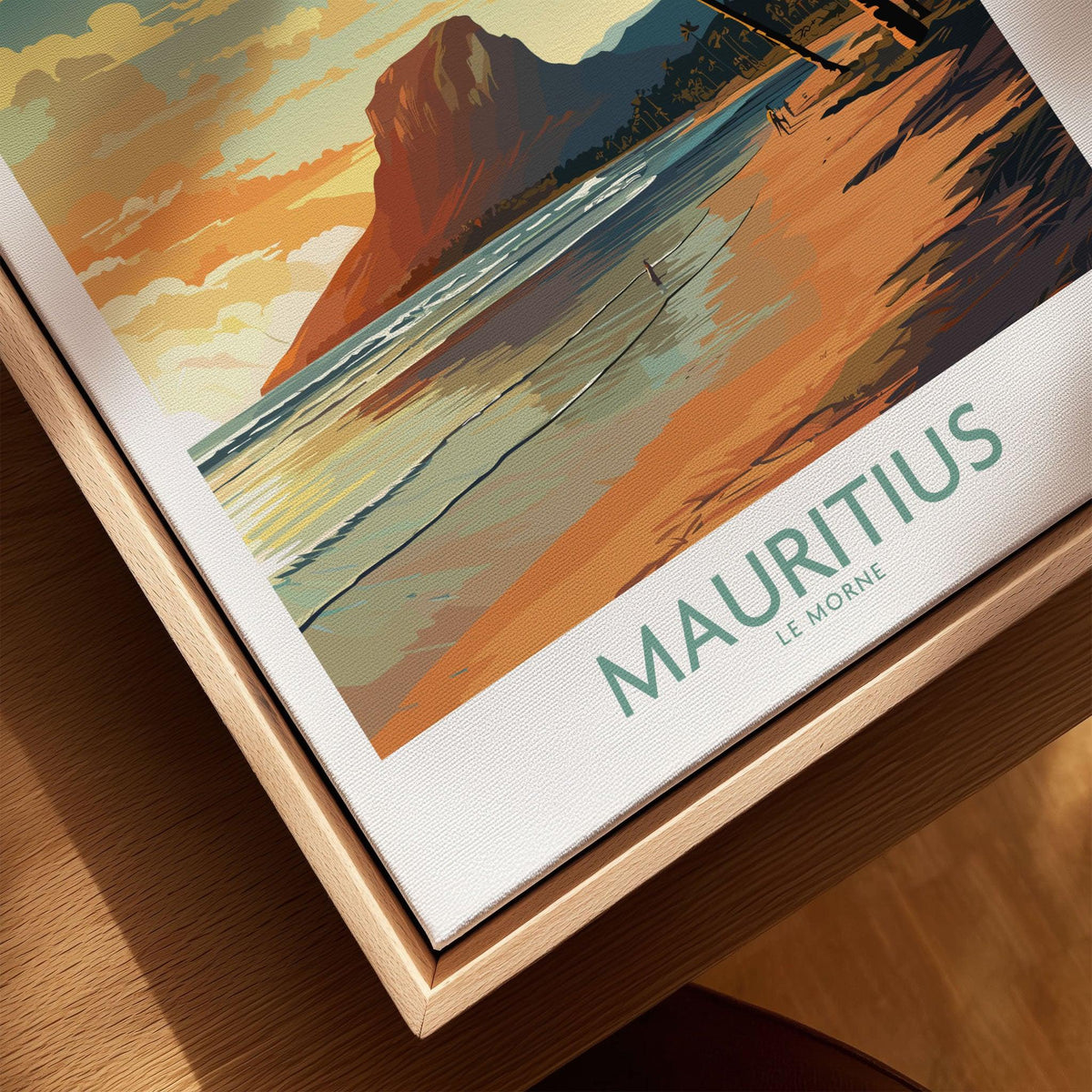 Mauritius Le Morne Print canvas print close-up showing the natural wood float frame edge and canvas texture