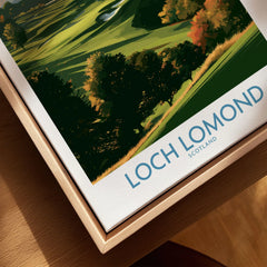 Loch Lomond Scotland Highland View Wall Art — autumn slopes rolling down to Loch Lomond with Highland hills beyond, shown as closeup framed canvas natural wood floating frame
