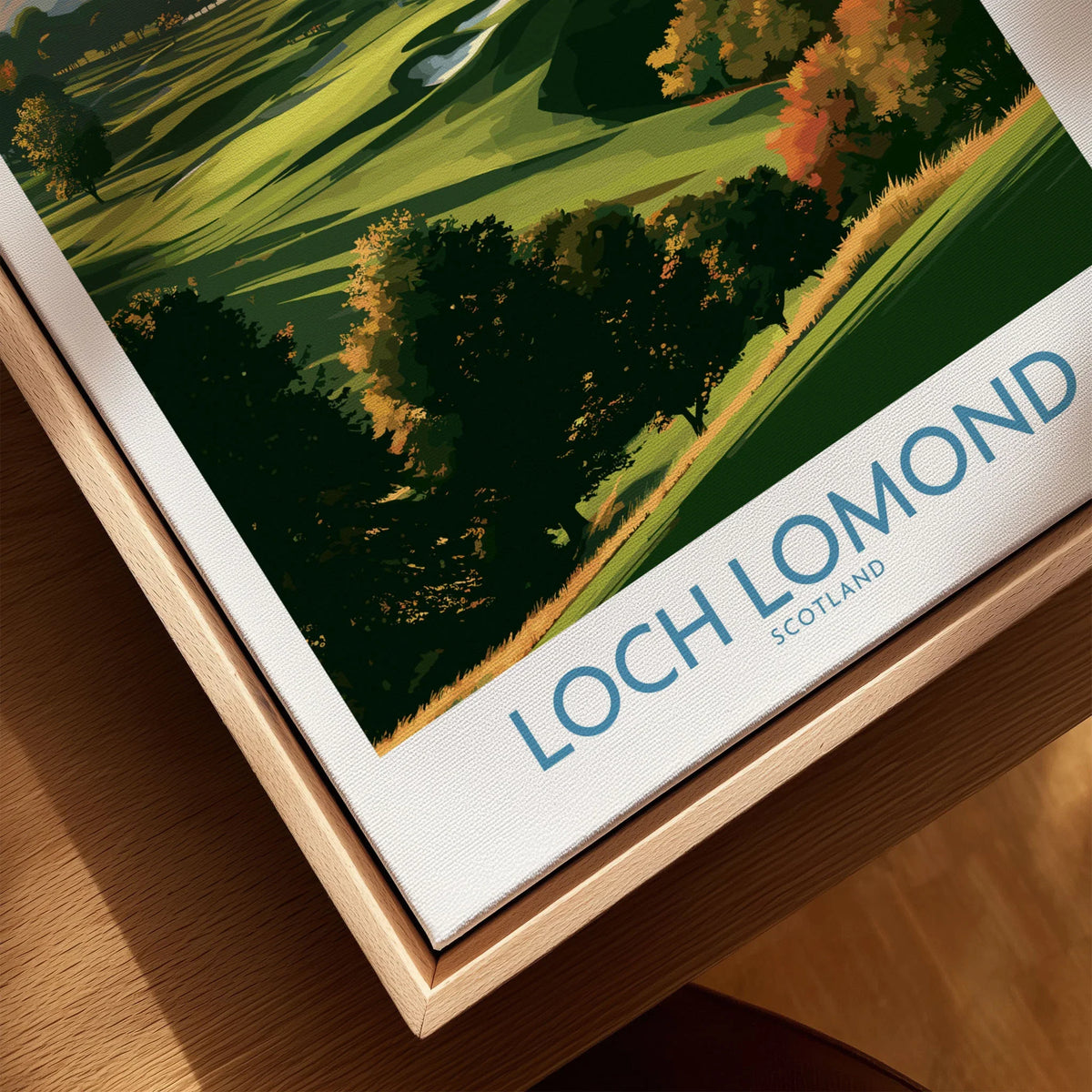 Loch Lomond Scotland Highland View Wall Art — autumn slopes rolling down to Loch Lomond with Highland hills beyond, shown as closeup framed canvas natural wood floating frame