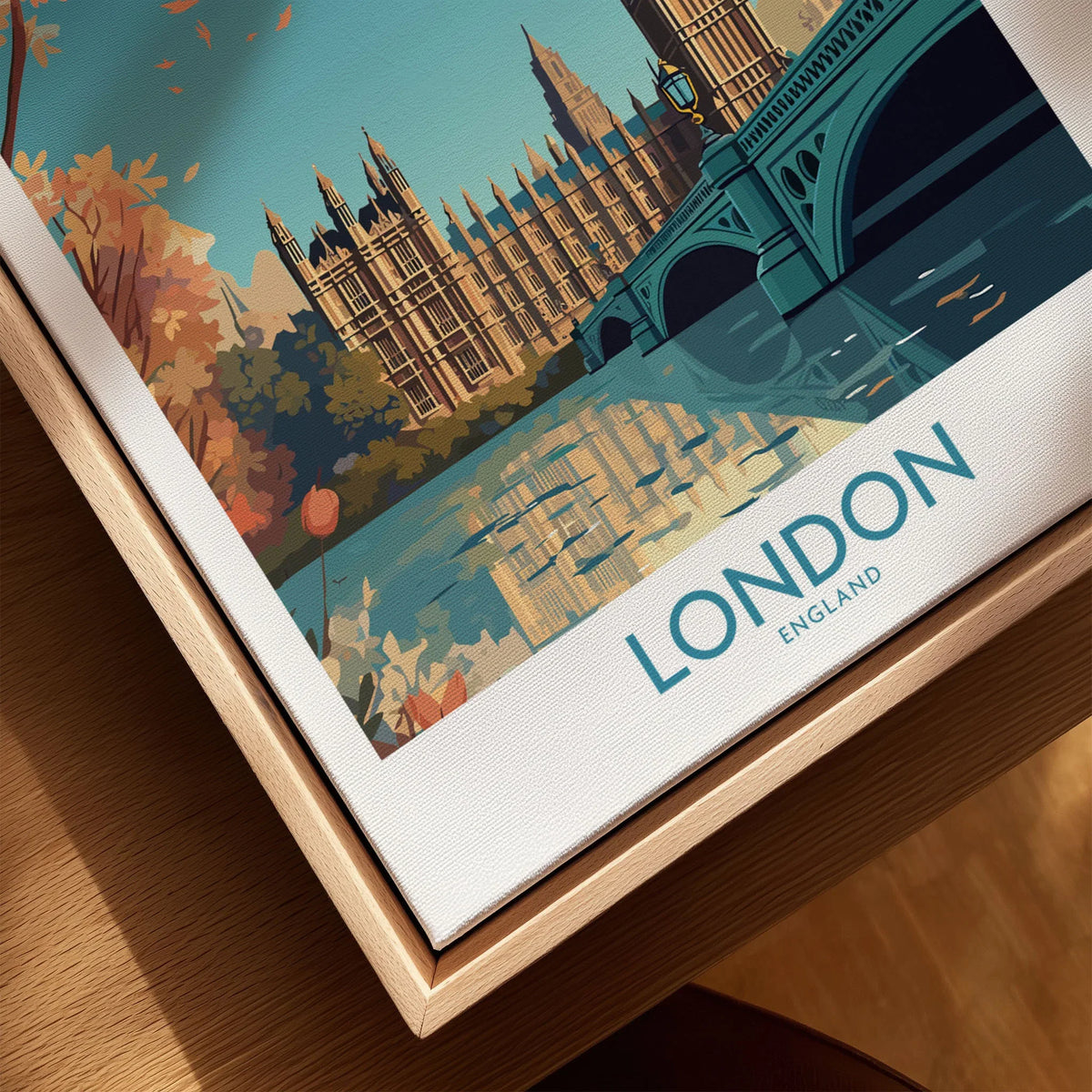 London Big Ben Wall Art | Modern Style canvas print close-up showing the natural wood float frame edge and canvas texture