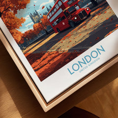 London Travel Poster canvas print close-up showing the natural wood float frame edge and canvas texture