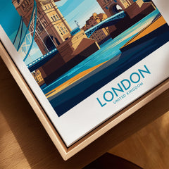 London Poster England canvas print close-up showing the natural wood float frame edge and canvas texture