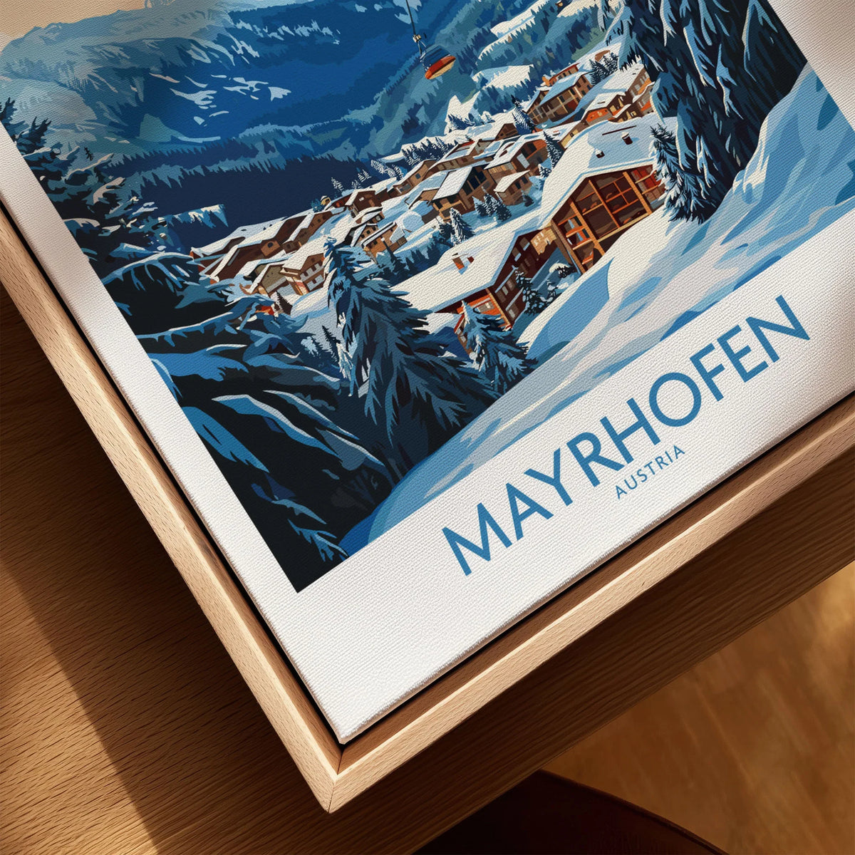 Mayrhofen Ski Poster canvas print close-up showing the natural wood float frame edge and canvas texture