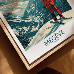 Megève Wall Art - France canvas print close-up showing the natural wood float frame edge and canvas texture