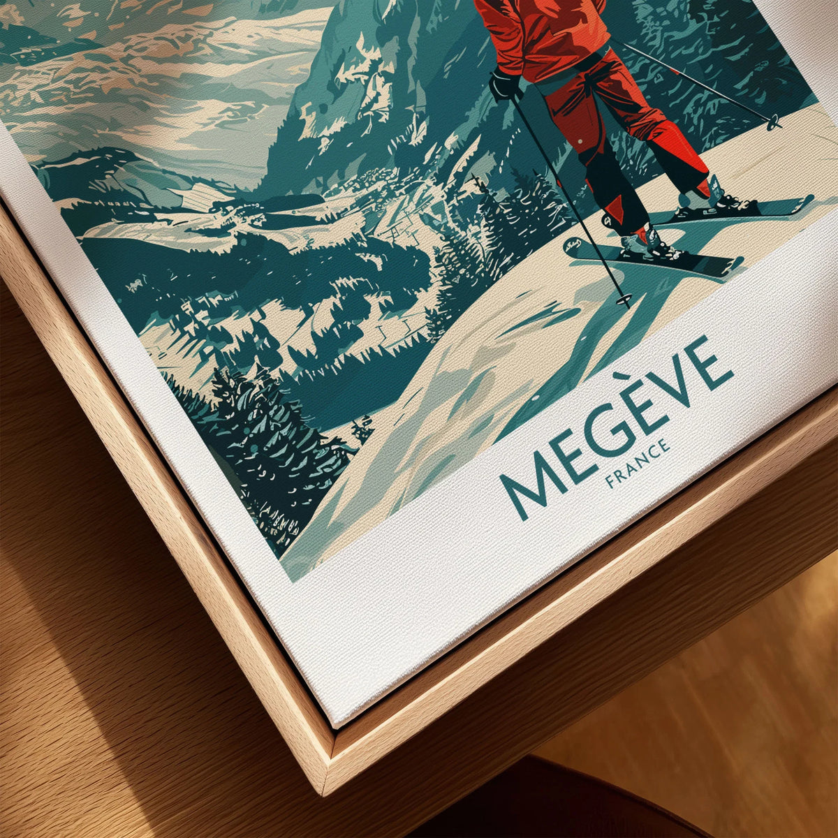 Megève Wall Art - France canvas print close-up showing the natural wood float frame edge and canvas texture